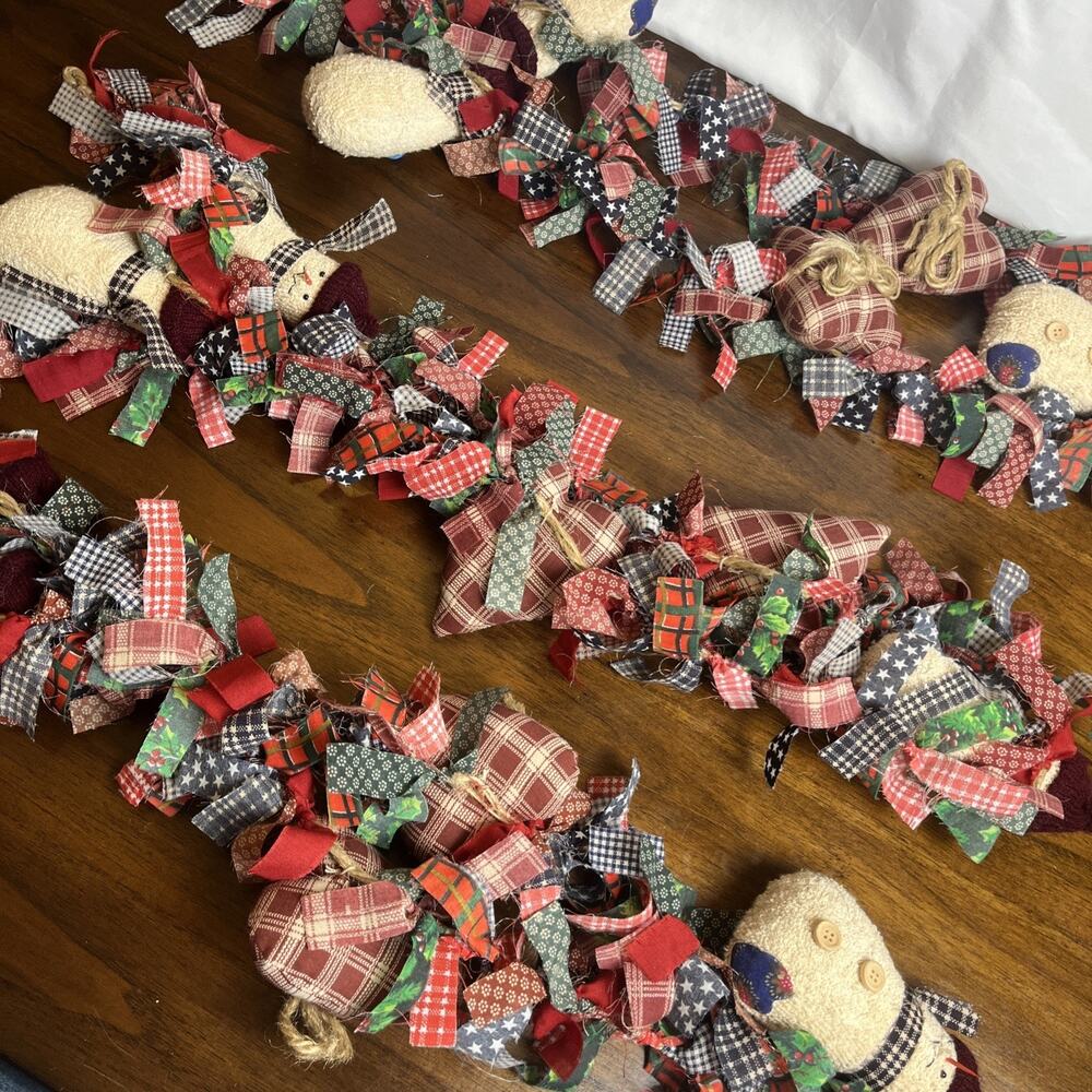 3 Holiday Christmas Rag Garlands Home Decor Red Blue Plaid Hearts & Snowmen 52"